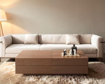 Mesa de centro extensible con tapa elevable y almacenamiento. Mesa de centro moderna de nogal.
