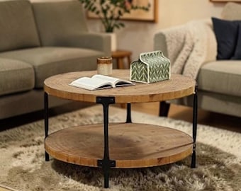 Mesa de centro redonda estilo bohemio, mesa circular de madera estilo granja, muebles naturales para sala de estar.