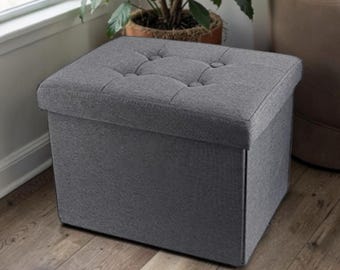 Foldable Storage Ottoman Footstool Linen Bench Grey Small Space Organizer