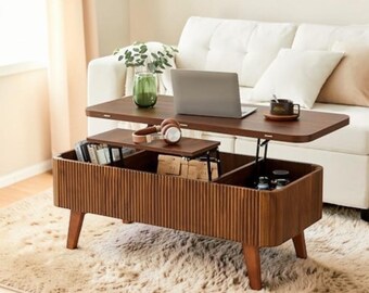 Mesa de centro ovalada convertible con tapa elevable y almacenamiento oculto, color nogal.