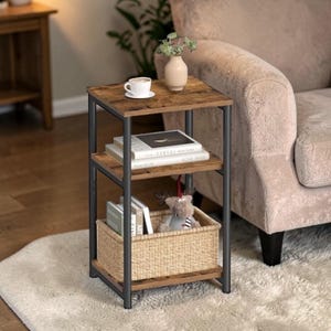 Rustic Side Table with Storage Shelves, Modern Narrow Nightstand for Small Spaces