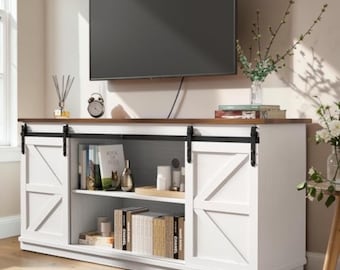 Farmhouse TV Stand with Sliding Barn Doors Rustic Entertainment Center Console