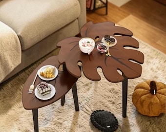 Mesas nido Monstera Leaf, juego de mesas auxiliares modernas, mesa de centro de madera