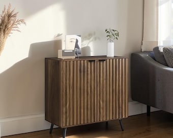 Fluted Walnut Sideboard Cabinet Modern Buffet Storage Console with Adjustable Shelf