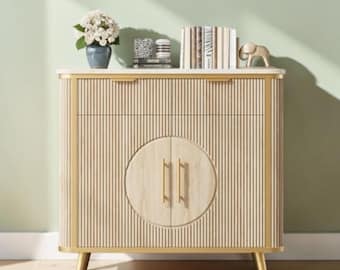 Modern Fluted Sideboard Buffet Cabinet Storage Coffee Bar Accent Console Natural Oak