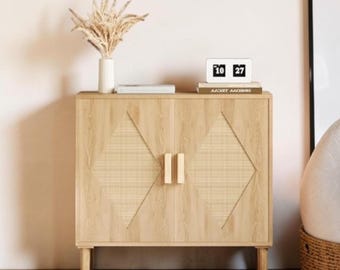 Natural Rattan Buffet Cabinet Boho Sideboard Storage Accent Console