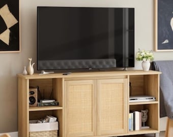 Rattan TV Stand Media Console Entertainment Center Wooden Storage Cabinet Farmhouse Furniture