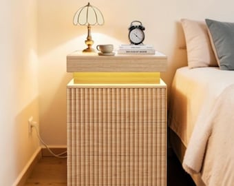 Nightstand Charging Station LED Lights Sliding Top Fluted Bedside Table Oak