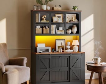 Farmhouse File Cabinet LED Storage Printer Stand Office Organizer
