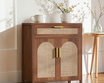 Rattan Sideboard Cabinet Walnut Coffee Bar Farmhouse Storage Credenza