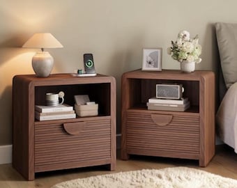 Fluted Walnut Nightstands Charging Station Mid Century Bedside End Tables Set