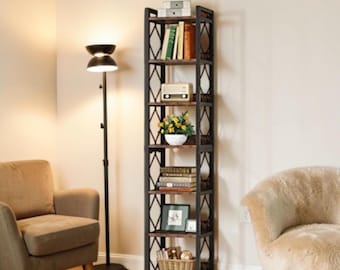 Tall Narrow Bookshelf 7 Tier Skinny Bookcase Rustic Industrial Corner Storage Shelf