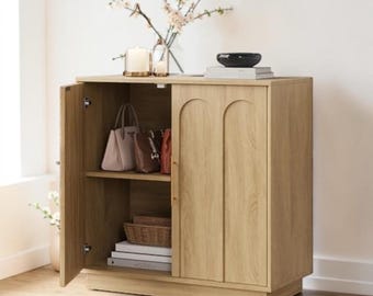 Boho Sideboard Cabinet Oak Accent Credenza Arched Door Storage Console