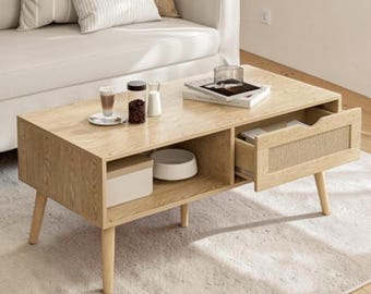 Boho Coffee Table with Storage, Rattan Drawer Accent Table for Living Room