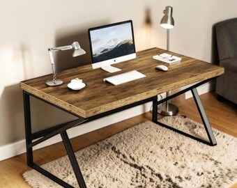 Rustic Brown Computer Desk Industrial Wood Metal Writing Table Home Office Workstation