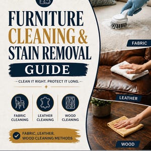 May include: A guide for furniture cleaning and stain removal. The guide includes methods for fabric, leather, and wood cleaning. The image shows cleaning methods for fabric, leather, and wood. The guide promises safe methods, tough stain removal, and restored beauty.