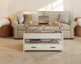 Mesa de centro elevable con cajones de almacenamiento y compartimentos ocultos. Acabado en madera rústica.
