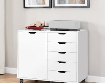 Wood 5 Drawer Office Storage Cabinet Rolling Printer Stand with Shelf White