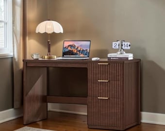 Walnut Fluted Office Desk Wooden Computer Table Storage Drawers Executive Furniture