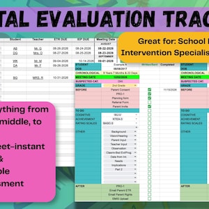 May include: A digital evaluation tracker with a spreadsheet layout, featuring columns for grade, school, and teacher. Text includes "Digital Evaluation Tracker" and "Great for: School Psychologists, Intervention Specialists, OT's PT's, SLP's". Additional text highlights features.