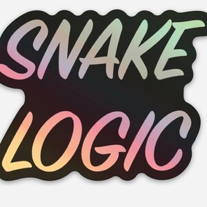 May include: A holographic sticker featuring the words "SNAKE LOGIC" in a cursive font. The text is a gradient of pink, yellow, and green against a black backdrop. The sticker has a rounded, irregular shape, with a shimmering, iridescent effect.