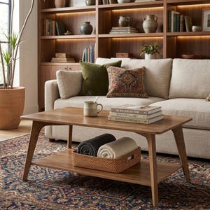 Modern 2-Tier Coffee Table, Minimalist Wood Finish Center Table with Storage Shelf, Rectangular Living Room Table