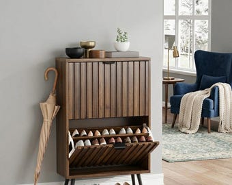Modern Ribbed Shoe Storage Cabinet, Slim Entryway Organizer with Flip-Down Doors, Natural Oak Finish Shoe Cupboard