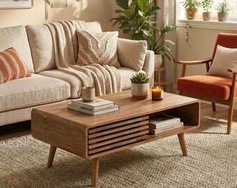 Mid-Century Modern Wood Coffee Table, Slatted Sliding Doors, Splayed Legs Storage Center Table