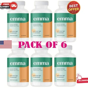 May include: Six white supplement bottles with green and orange labels. The bottles are labeled "emma" and promote regularity, bloating, and gas relief. The text "give your gut a vacation!" is also visible.
