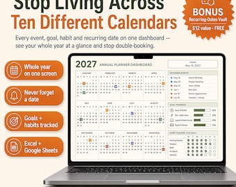 2027 Year at a Glance Spreadsheet Template Excel Google Sheets | Annual Planner, Goal Tracker, Habit Tracker, Yearly Calendar Dashboard