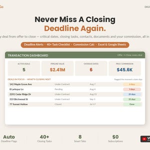 Planilha para Coordenação de Transações Imobiliárias | Lista de Verificação para Fechamento de Negócios, Controle de Prazos e Calculadora de Comissões | Planilhas Google do Excel