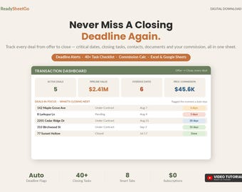 Real Estate Transaction Coordinator Spreadsheet | Closing Checklist, Deadline Tracker & Commission Calculator | Excel Google Sheets