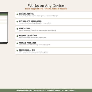 May include: A digital spreadsheet interface for dog walking businesses, featuring a smartphone display and a list of features including Client & Pet CRM, Auto Profit Dashboard, 1099 Tax Set, Mileage Deduction, Prepaid Packages, and Recurring vs One.