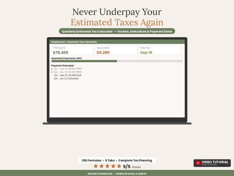 Quarterly Estimated Tax Calculator Spreadsheet | Self Employed 1099 Tax Estimator Excel Google Sheets | Freelancer Tax Planner Template image 1