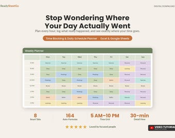 Planificador de tiempo por bloques / Plantilla de gestión del tiempo y la agenda diaria / Rastreador de concentración para el trabajo profundo / Excel Google Sheets