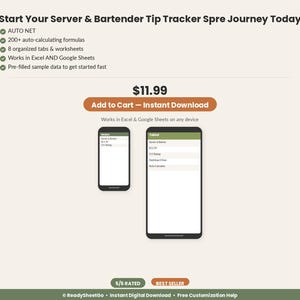 Hoja de cálculo para el seguimiento de propinas de camareros y bartenders / Registro de ingresos por propinas en Excel y Google Sheets / Seguimiento de turnos y reserva de impuestos para el personal de servicio imagen 7