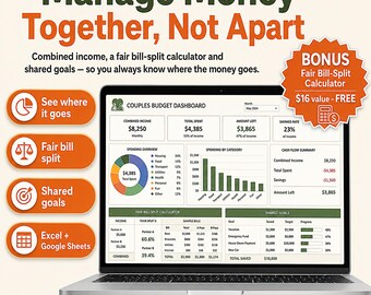 Couples Budget Planner Spreadsheet | Joint Finances, Bill Split Tracker (Excel, Google Sheets) | Shared Expenses, Household Bills