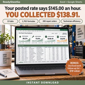 Auto Repair Shop Spreadsheet Template Excel Google Sheets | Mobile Mechanic Job Tracker, Repair Order Log, Parts and Labor Profit image 1