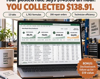 Auto Repair Shop Spreadsheet Template Excel Google Sheets | Mobile Mechanic Job Tracker, Repair Order Log, Parts and Labor Profit