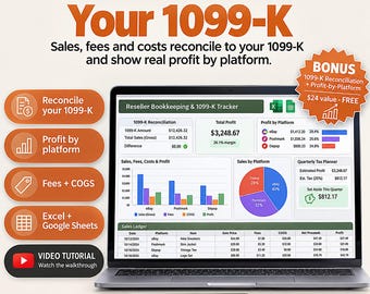 Reseller Inventory & Profit Tracker Spreadsheet 2026 | eBay Poshmark Mercari Whatnot Fee Calculator | 1099-K Bookkeeping Excel Google Sheets