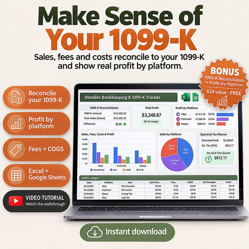 Reseller Inventory & Profit Tracker Spreadsheet 2026 | eBay Poshmark Mercari Whatnot Fee Calculator | 1099-K Bookkeeping Excel Google Sheets image 1
