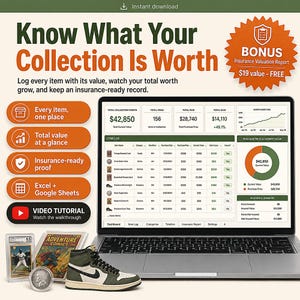 May include: A digital collection tracker displayed on a laptop screen, featuring an item log, financial charts, and summary data. Beside the laptop are a graded baseball card, a comic book, a silver coin, and a high-top sneaker in olive and white.