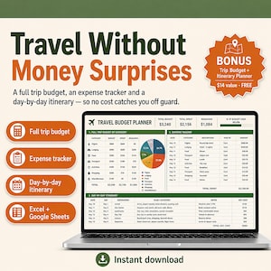 Travel Budget Planner Spreadsheet, Vacation Expense Tracker & Trip Itinerary Template | Holiday Travel Cost Calculator, Excel Google Sheets image 1