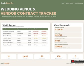 Wedding Vendor Contract and Payment Tracker Spreadsheet Template Excel Google Sheets | Venue Comparison Chart, Deposit and Budget Planner