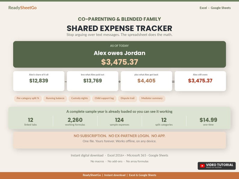 Co-Parenting Expense Tracker Spreadsheet | Shared Child Expenses, Custody Log (Excel, Google Sheets) image 7