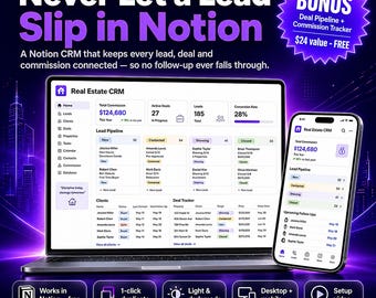 Notion Real Estate CRM Template | Realtor Lead, Deal Pipeline & Commission Tracker | Agent Client Follow Up Hub