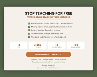 Tutor Studio Manager Spreadsheet | Student Tracker, Lesson Log, Invoice Planner (Digital Download)