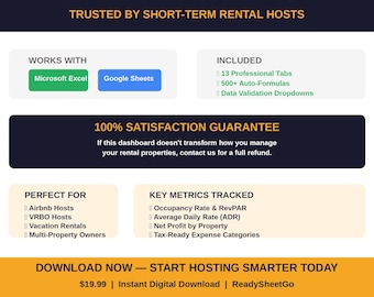 Airbnb Spreadsheet Template | Short Term Rental Host Dashboard Excel Google Sheets | Vacation Rental Tracker Property Manager Bookkeeping