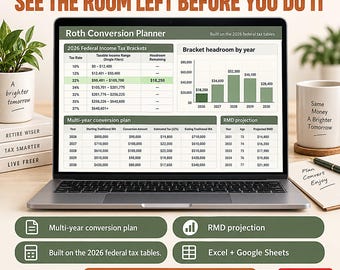 Roth Conversion Calculator Spreadsheet | Tax Bracket, RMD Planner (Excel Google Sheets)