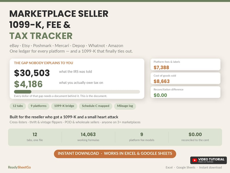 Reseller Inventory & Profit Tracker Spreadsheet 2026 | eBay Poshmark Mercari Whatnot Fee Calculator | 1099-K Bookkeeping Excel Google Sheets image 7
